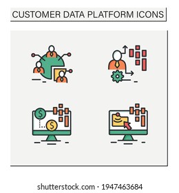 Customer data platform color icons set. Audience segments, transactional data, behavioral date. Customer data concepts. Isolated vector illustrations