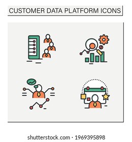 Customer data platform color icons set. Client database, measurement analytics, predictions, events. Customer data concepts. Isolated vector illustrations