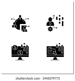 Customer data platform glyph icons set. Audience segments, transactional data, behavioral date. Customer data concepts.Filled flat signs. Isolated silhouette vector illustrations