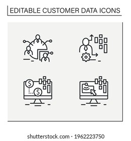 Conjunto de iconos de línea de plataforma de datos del cliente. Segmentos de audiencia, datos transaccionales, fecha conductual. Conceptos de datos del cliente. Isolación de ilustraciones vectoriales.Accionamiento editable