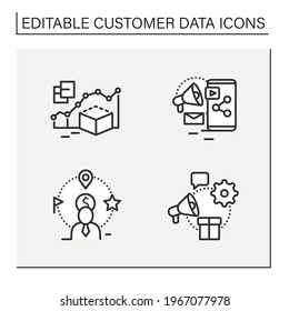 Customer data platform line icons set. Predictive modeling, content marketing, client attributes, marketing campaigns. Customer data concepts. Isolated vector illustrations.Editable stroke