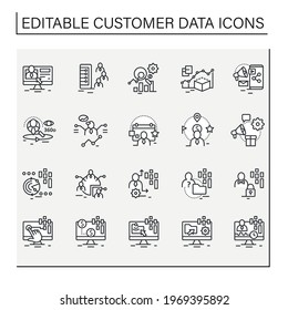 Customer data platform line icons set. Consists of real-time data, behavioral, marketing companies etc. Customer data concepts. Isolated vector illustrations.Editable stroke