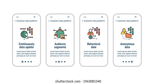 Customer data platform onboarding mobile app screens. Research audience segments steps menu. Set of UI, UX, web template with RGB color linear icons