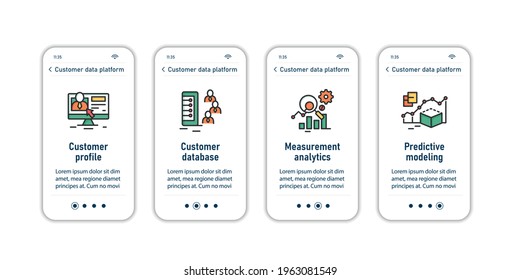 Customer data platform onboarding mobile app screens. Predictive modeling steps menu. Set of UI, UX, web template with RGB color linear icons