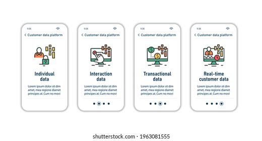 Customer data platform onboarding mobile app screens. Database steps menu. Set of UI, UX, web template with RGB color linear icons