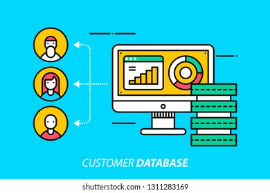 Customer database. Colorful illustration on bright cyan background. Modern outline style. 
