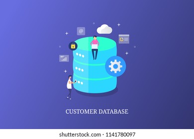 Customer database, data center, cloud server computing network, futuristic concept design vector on blue background