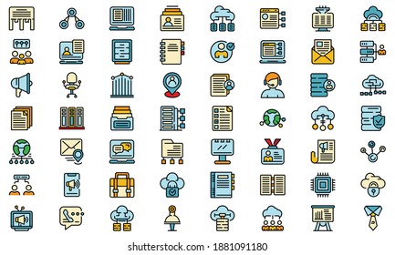 Customer database icons set. Outline set of customer database vector icons thin line color flat on white