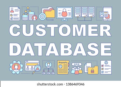 Customer database word concepts banner. CRM system software. Client identity. Commercial information. Presentation, website. Isolated lettering typography idea with linear icons. Vector illustration