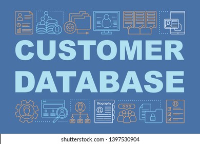 Customer database word concepts banner. CRM system software.  Presentation, website. Client identity. Commercial information. Isolated lettering typography idea with linear icons. Vector illustration