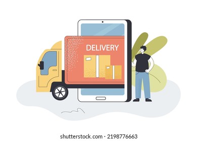 Customer and delivery truck on phone screen. Lorry delivering order or mail package to tiny man flat vector illustration. Shipment, cargo concept for banner, website design or landing web page