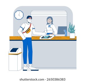 Ilustração do vetor 2D do contador de caixa do depósito do cliente no banco. Câmbio de moeda estrangeira Caixa bancário cabine de janela caracteres planos isolados no fundo branco. Imagem colorida em desenho animado