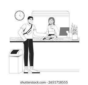 Ilustração do contorno do contador do caixa do cliente que deposita o dinheiro no caixa. Câmbio de moeda estrangeira Caixa bancário cabine de caracteres de linha 2D isolados em branco. Imagem linear de tinta vetorial monocromática