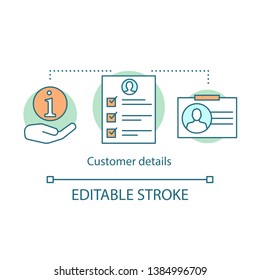 Customer details concept icon. Current database idea thin line illustration. Client identity. Commercial information. CRM software. Vector isolated outline drawing. Editable stroke