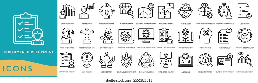 Customer development icon. Churn Reduction, User Feedback, Customer Personas, Market Validation and Customer Journey Mapping