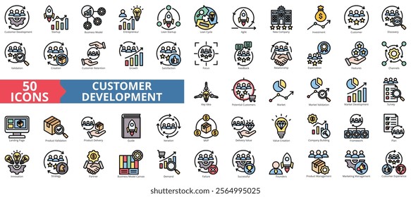 Customer development icon collection set. Containing startup, business model, entrepreneur, startup, cycle, agile, new company icon. Simple flat outline vector illustration