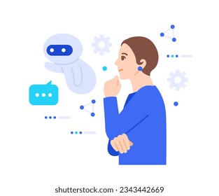 Customer Development. Illustration of a woman using AI to visualize and automate marketing activities.