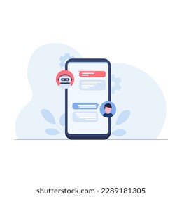 Customer dialog with chat bot on mobile phone. Virtual assistant via messaging. Vector illustration.
