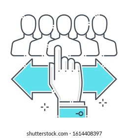 Customer discovery related color line vector icon, illustration. The icon is about focus, investigation, hand, market, employee. The composition is infinitely scalable.