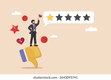 Dessatisfação do cliente e revisão negativa: homem mostrando desapontamento com a classificação de uma estrela, Polegar para baixo e Emojis infelizes para o mau serviço.