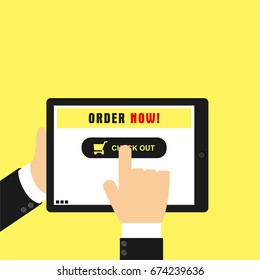 Customer doing check out his order on tablet gadget