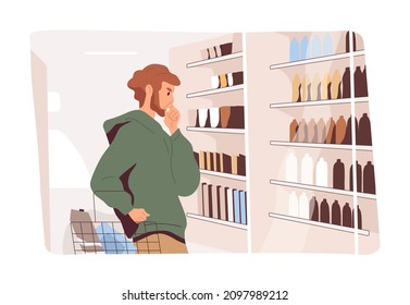 Customer doing shopping, choosing products in supermarket. Pensive consumer thinking before making choice. Thoughtful man buyer with basket in store. Flat vector illustration of shopper in hypermarket