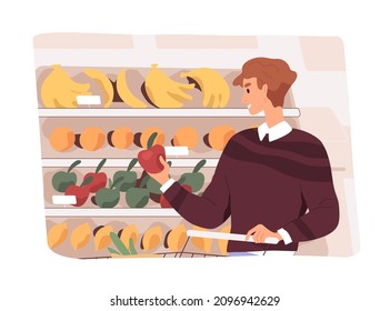 Customer doing shopping in grocery store, choosing fruits. Consumer making choice of healthy organic food in supermarket. Man buyer buying in greengrocery, produce department. Flat vector illustration