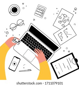 Customer is doing shopping online on his computer. Business financial decisions. Hands are typing on laptop keyboard and holding a credit card. Online shopping vector illustration. Workspace