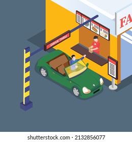 Customer drive thru buying fast food isometric 3d vector concept for banner, website, illustration, landing page, flyer, etc.