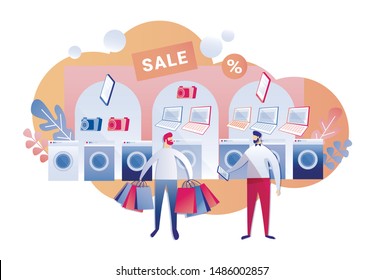 Kunde im Elektronikgeschäft, Holding-Papier-Shopping-Taschen, Gespräche mit einem Shop-Assistenten, Fragen nach Informationen über Rabatte und Waschmaschinen, elektronische Bücher, Kameras und Notebooks im Verkauf