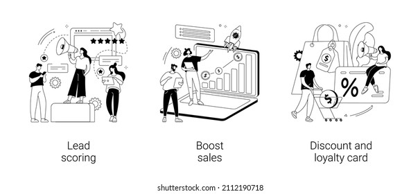 Customer Engagement Abstract Concept Vector Illustration Set. Lead Management, Boost Sales Plan, Discount And Loyalty Card, Customer Service, Digital Marketing Strategy, Promo Abstract Metaphor.