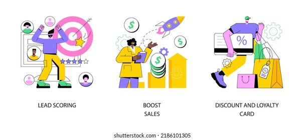 Customer engagement abstract concept vector illustration set. Lead management, boost sales plan, discount and loyalty card, customer service, digital marketing strategy, promo abstract metaphor.