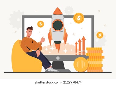 Customer Engagement Abstract Concept. Young Male Entrepreneur Boost Sales. Man Sits Next To Computer Screen And Launches Rocket. Metaphor For Generating Income. Cartoon Flat Vector Illustration