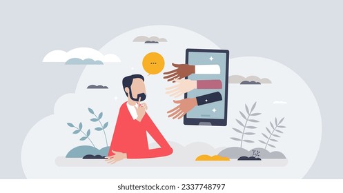 Customer engagement or attract client with marketing tiny person concept. Online campaign for loyalty, new consumer influence or motivation to join with ads, banners or commercial vector illustration