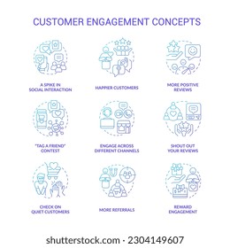Customer engagement blue gradient concept icons set. Consumer and organization interaction idea thin line color illustrations. Isolated symbols. Roboto-Medium, Myriad Pro-Bold fonts used