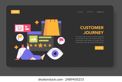 Customer Engagement concept. A digital interface illustrating a user's shopping experience from browsing to reviews. Vector illustration.