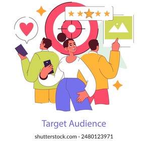 Customer Engagement concept. A diverse group interacts with symbols of feedback and trust, targeting a specific audience. Vector illustration.