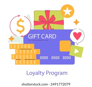 Customer Engagement concept. Loyalty program rewards with gift card, stars, and like symbol. Enhancing consumer connection and retention. Vector illustration.