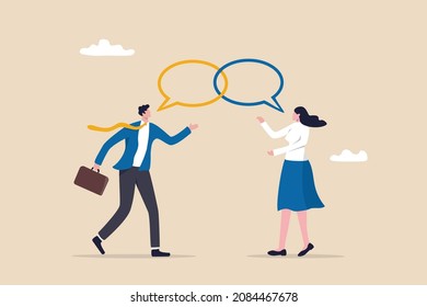 Customer engagement, emotional connection between customer and brand, loyalty, consumer trust or deep relationship concept, businessman represent brand talk with customer as linked speech bubble.