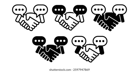 Customer Engagement Handshake Illustrations with Speech Bubbles Icons Black and White Color Vector Design