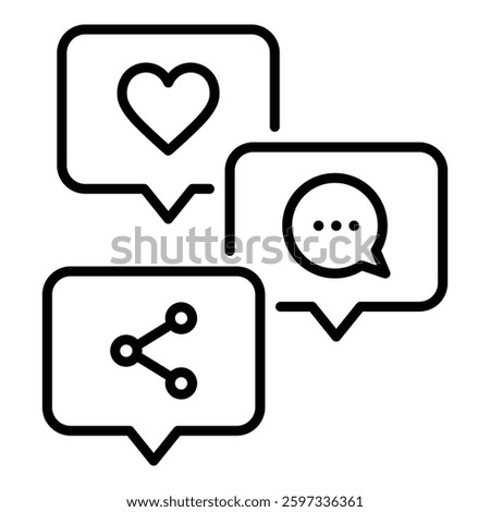 customer engagement icon, designed with black editable stroke, featuring like, comment and share icons in dialogues  
