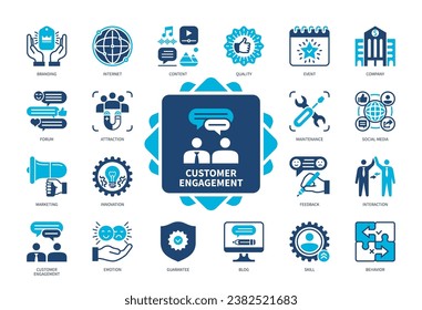 Juego de iconos de Compromiso del Cliente. Comentarios, Foro, Garantía, Empresa, Atracción, Interacción, Marketing, Emoción. Iconos sólidos de color Duotone