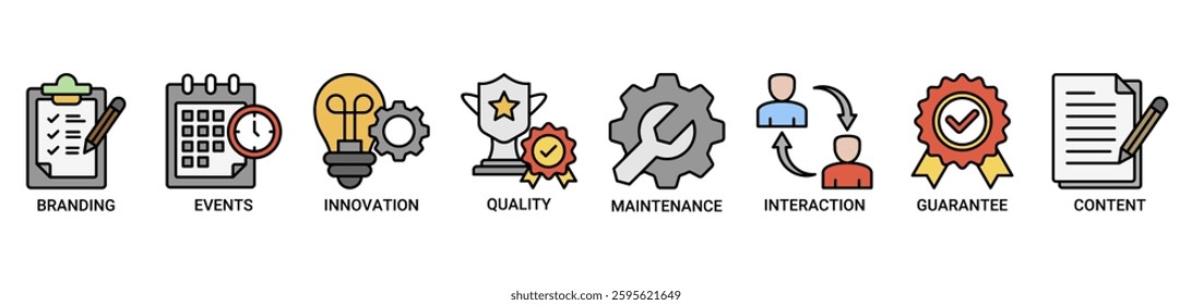 Customer engagement icon set. Vector illustration concept with icon of branding, events, innovation, quality, maintenance, interaction, guarantee, content icons outline color vector symbol.