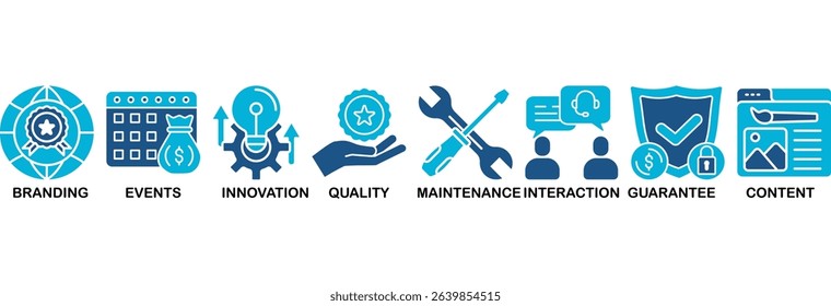 Customer engagement icon set vector illustration concept with icon of branding, events, innovation, quality, maintenance, interaction, guarantee, content