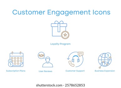 Customer Engagement Icons: Loyalty Program, Subscription Plans, User Reviews, Customer Support, Business Expansion.