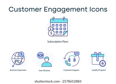 Customer Engagement Icons: Loyalty Program, Subscription Plans, User Reviews, Customer Support, Business Expansion.