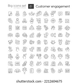 Customer engagement linear icons set. Ecommerce. Marketing strategies. Customizable thin line symbols. Isolated vector outline illustrations. Editable stroke. Quicksand-Light font used