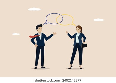 Customer engagement, loyalty, consumer trust or deep relationship concept, team discussion, businessman representing brand talking with customers as related speech bubbles.