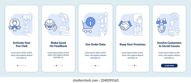 Customer engagement methods light blue onboarding mobile app screen. Walkthrough 5 steps editable graphic instructions with linear concepts. UI, UX, GUI template. Myriad Pro-Bold, Regular fonts used
