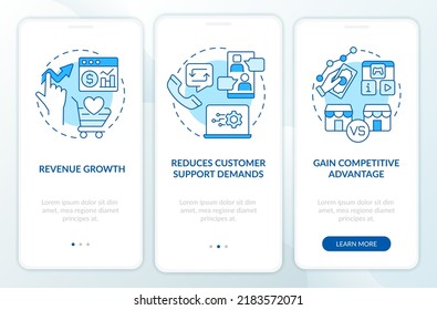 Importancia de la plataforma de compromiso del cliente pantalla azul de aplicación móvil en embarque. Recorrido 3 pasos instrucciones editables con conceptos lineales. UI, UX, plantilla GUI. Multitud de tipos de letra Pro-Bold, con uso regular